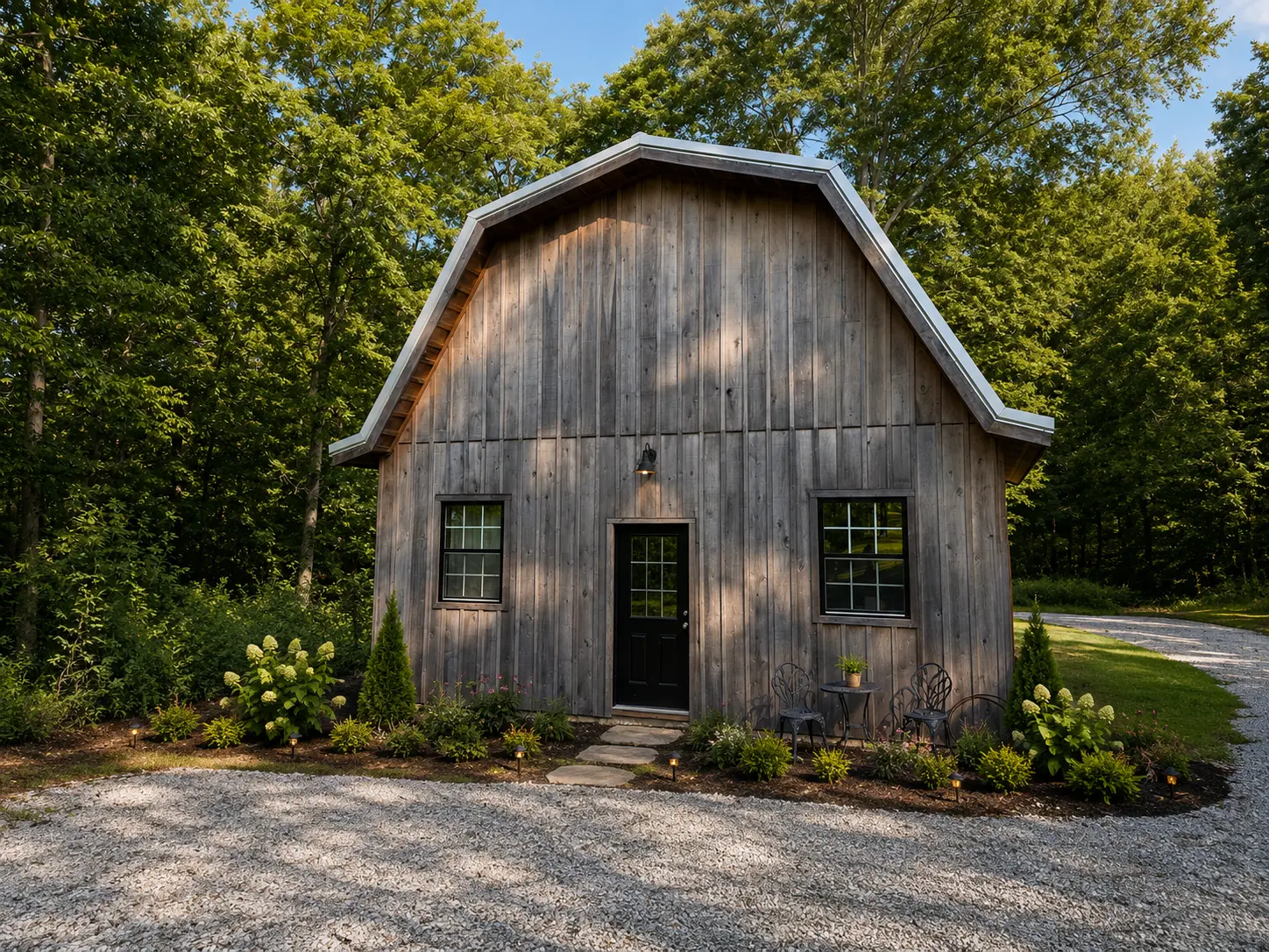 Weathered wood barn exterior of The Ridge Studio