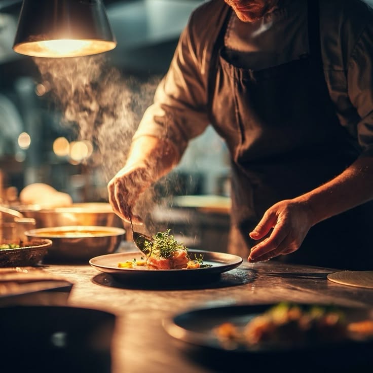 Private chef plating a steaming dish in a warm, professional kitchen