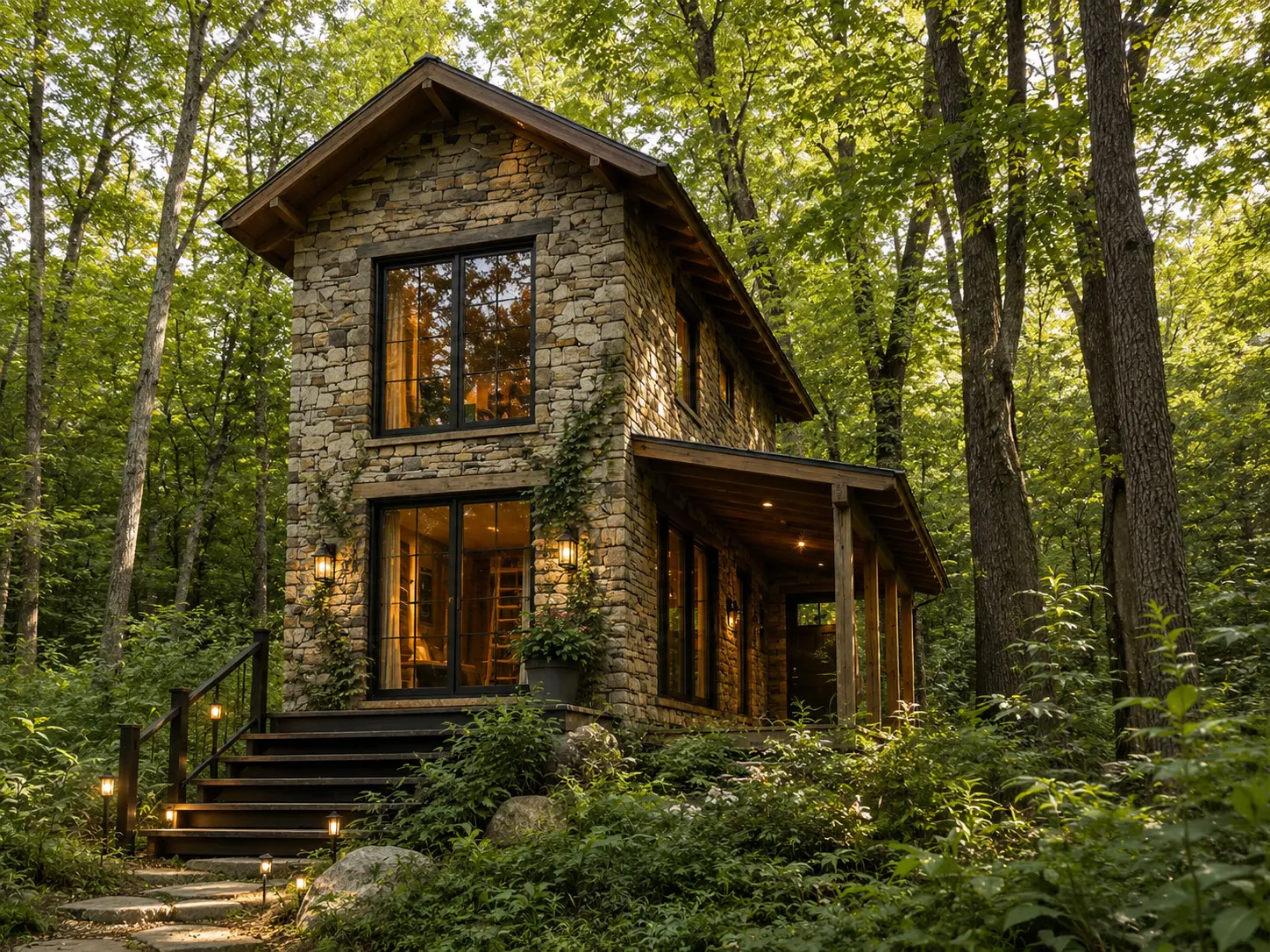 Stone cabin tucked into the trees