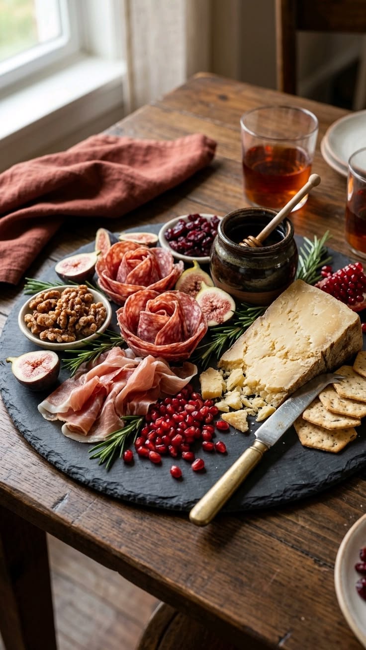 Fall charcuterie board with cured meats, farmhouse cheese, figs, pomegranate and honey