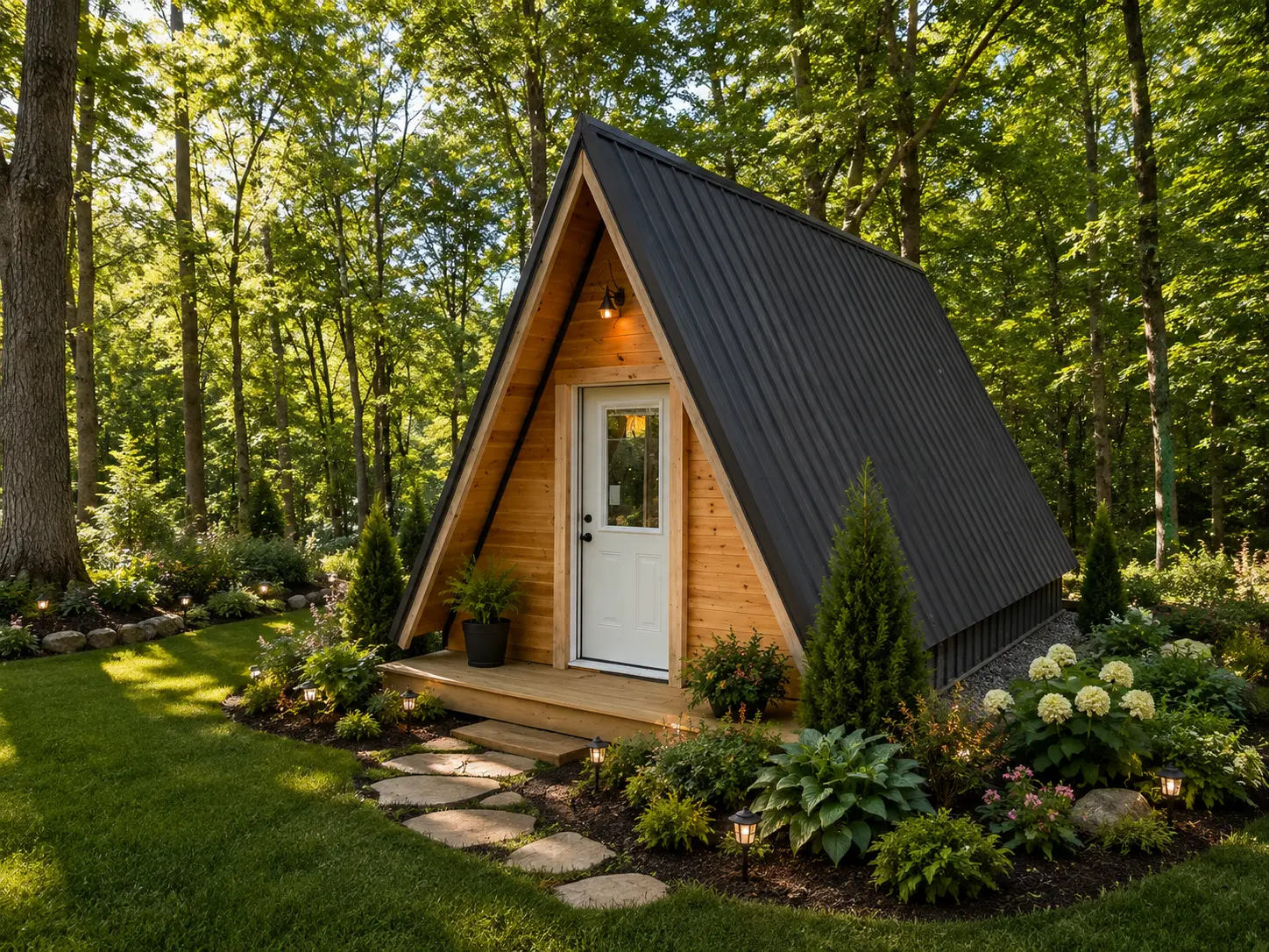 A-frame cabin with cedar facade in the woods