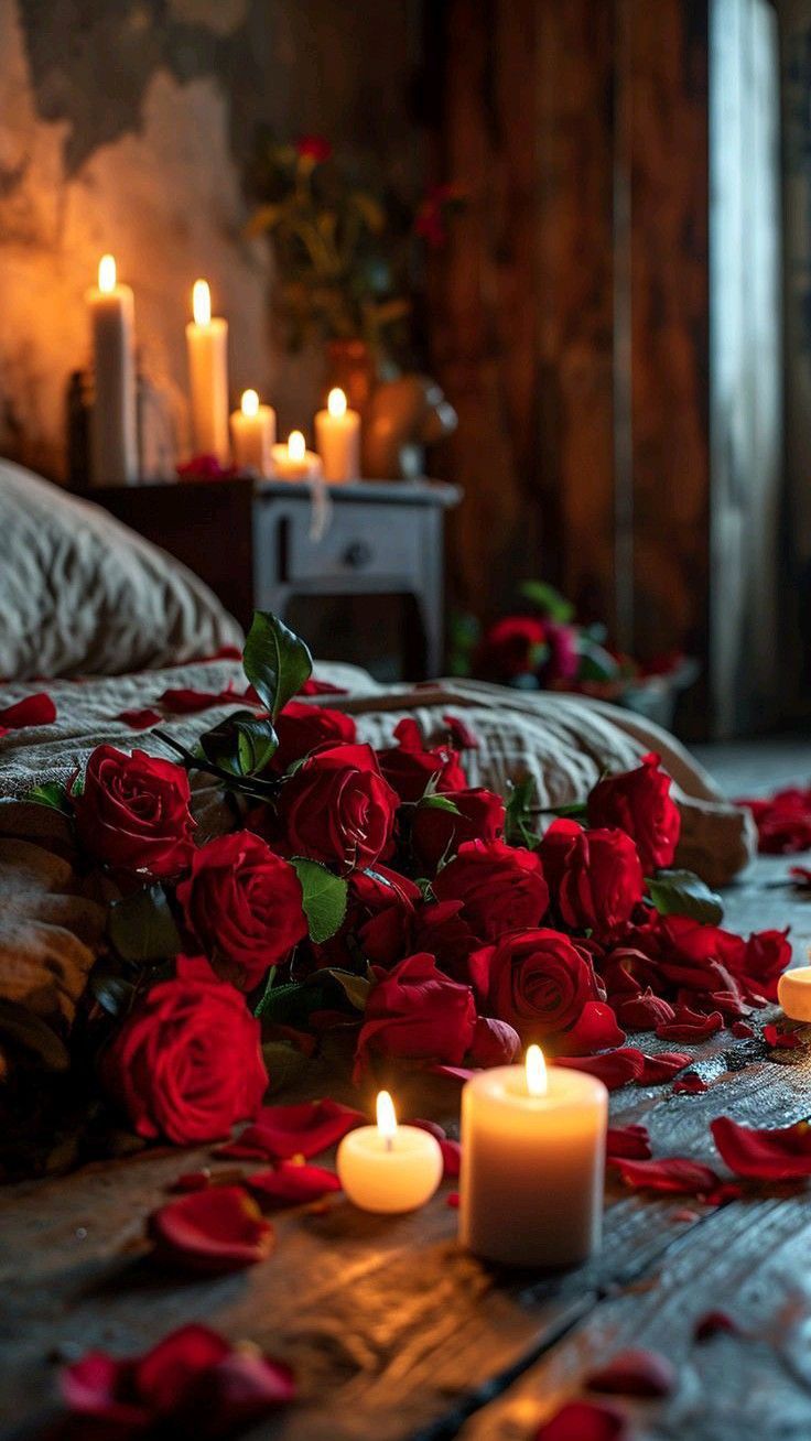 Red roses and glowing candles arranged on a bed for a romantic welcome